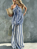 French-style Halter-neck Striped Topï1⁄4wide-leg Pants Two-piece Set