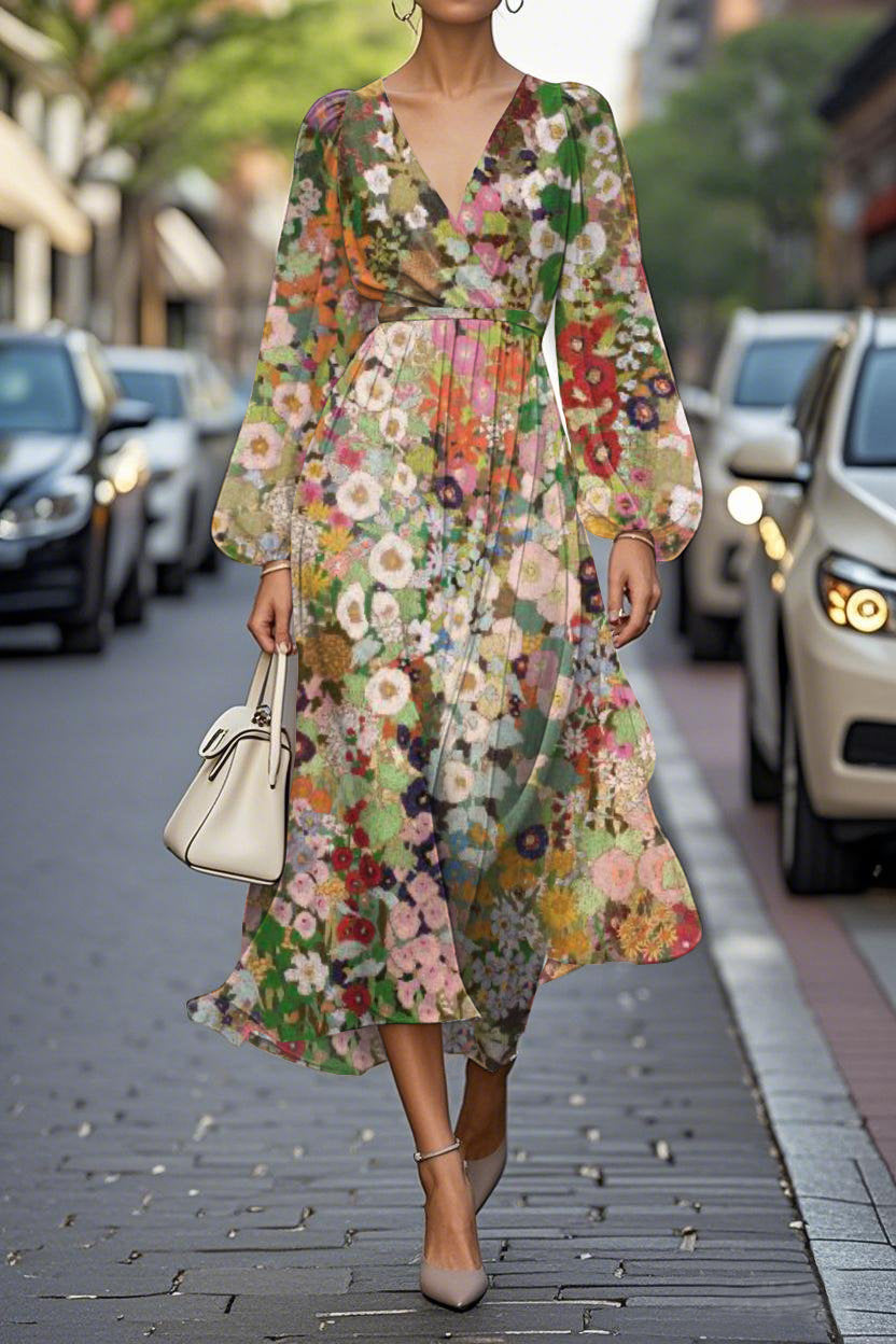 Elegant Floral Print Lantern Sleeve V-Neck A-Line Midi Chiffon Dress