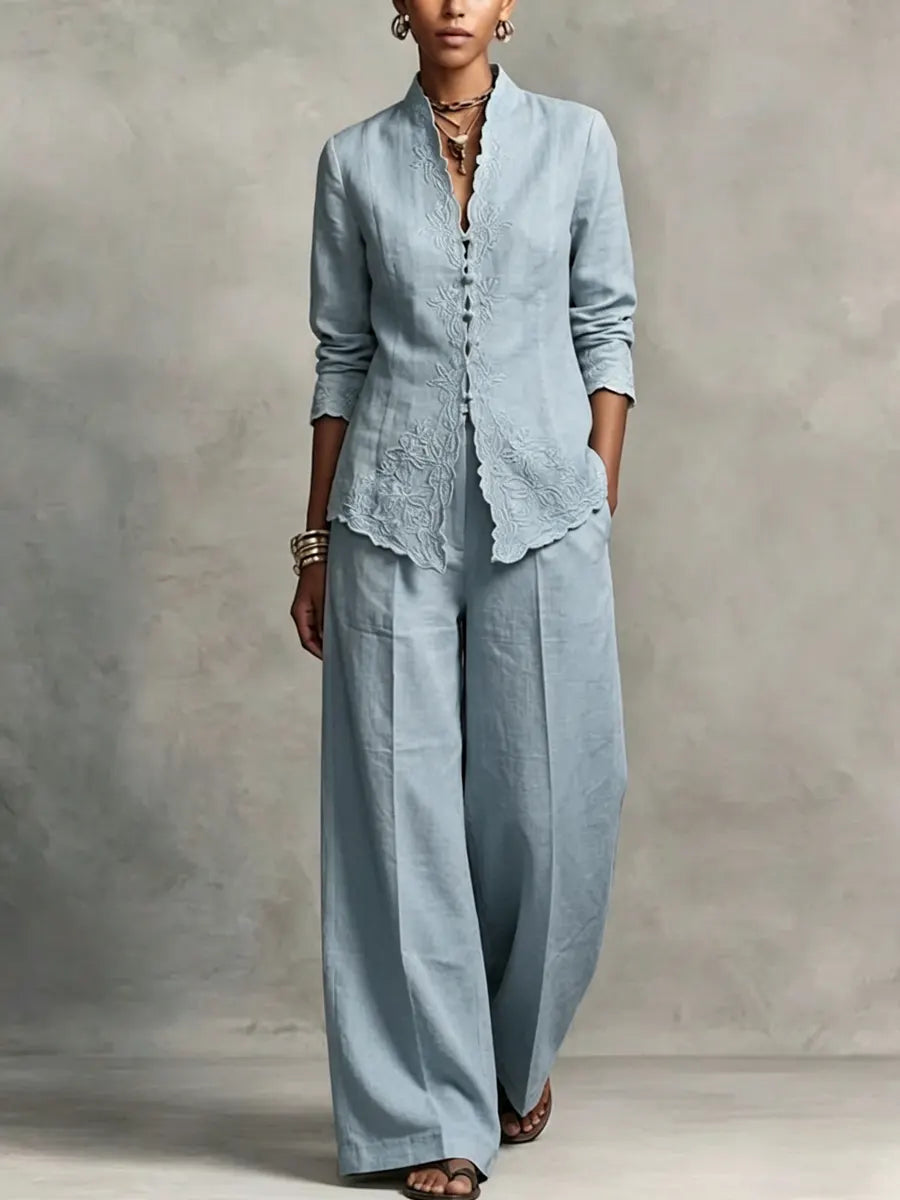 Women's Elegant Style Linen Embroidered Set