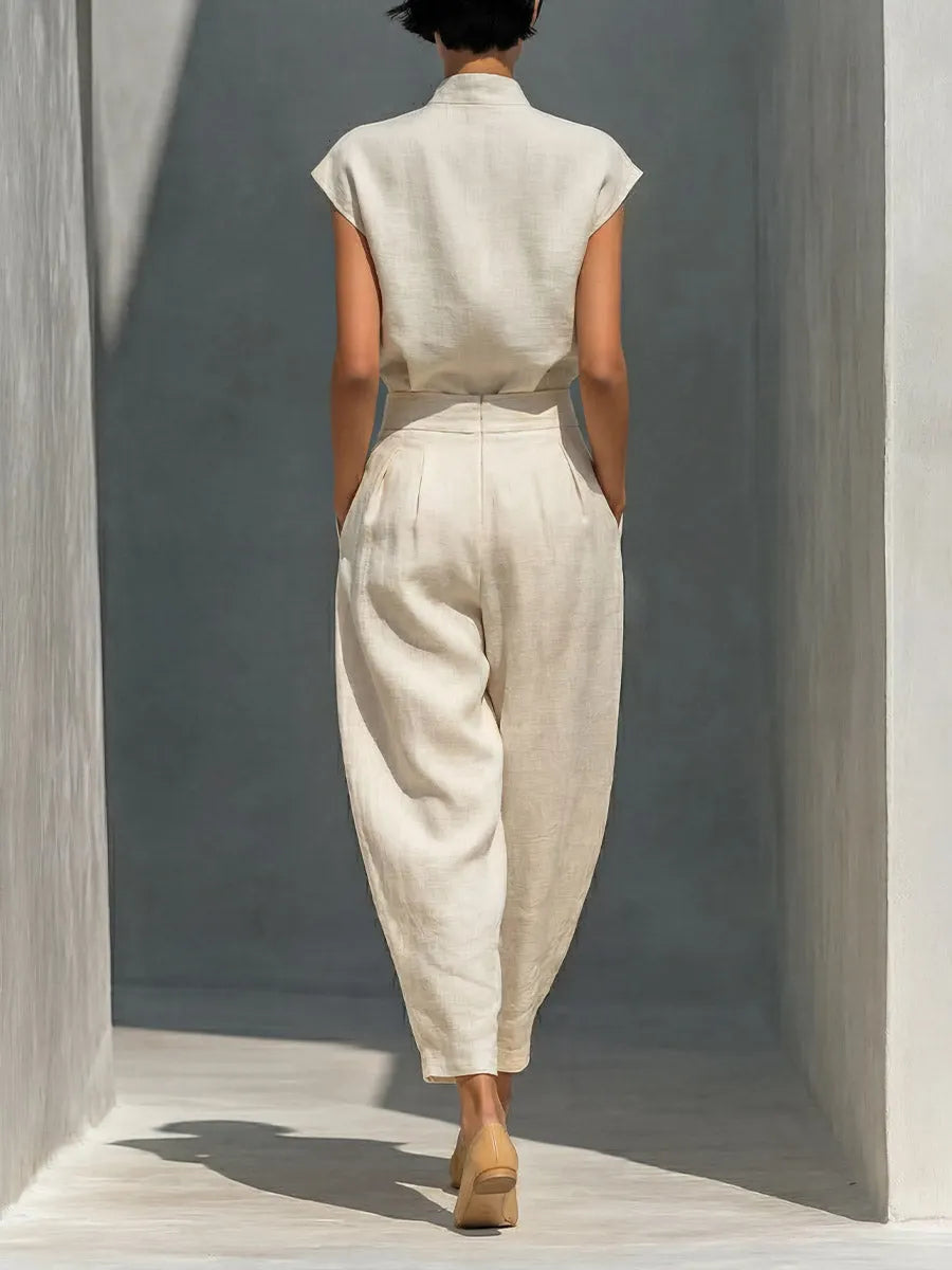 Women's Solid-color Stand-collar Sleeveless Loose-fit Cotton-linen Top & High-waisted Wide-leg Pants Casual Set