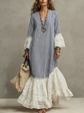Women's Retro Striped Patchwork Lace Art Casual Stylish Cotton Linen Maxi Dress