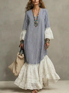 Women's Retro Striped Patchwork Lace Art Casual Stylish Cotton Linen Maxi Dress