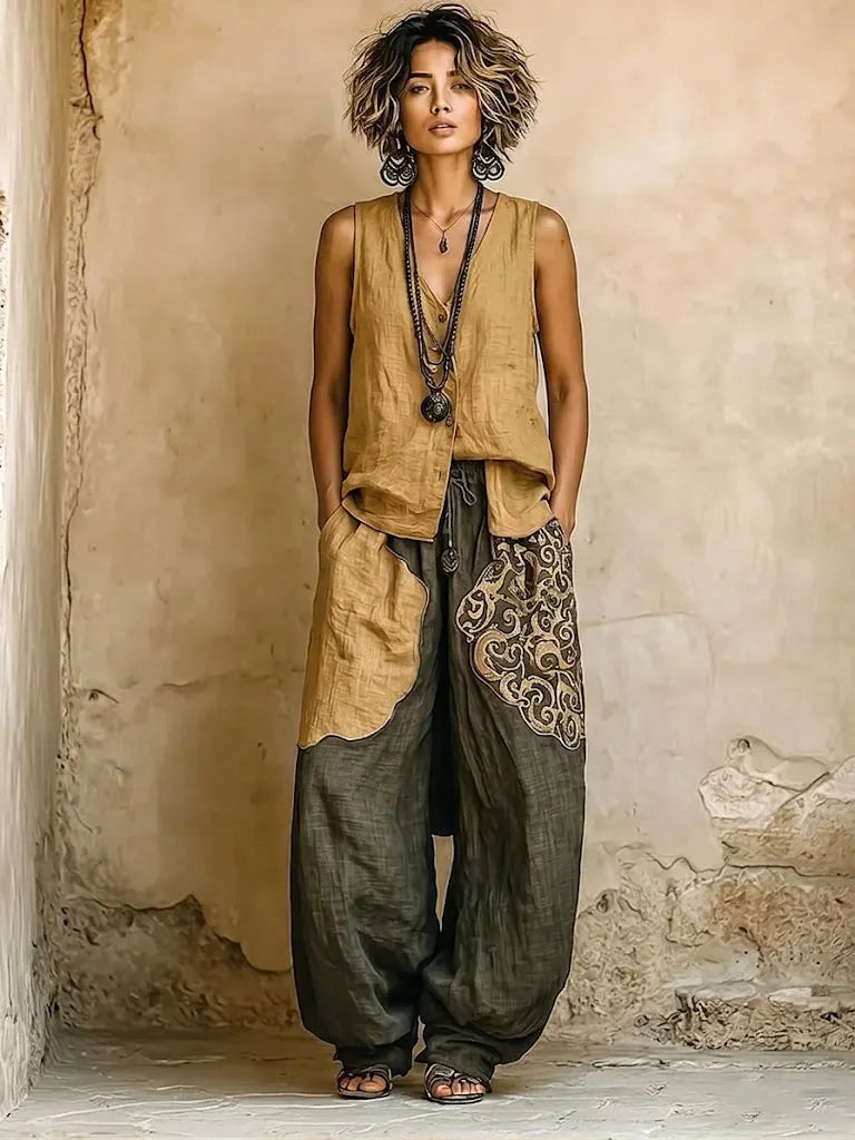 Bohemian Three-piece Set: Ethnic-print Cotton-linen Long Cardigan, Sleeveless Top, And Trousers