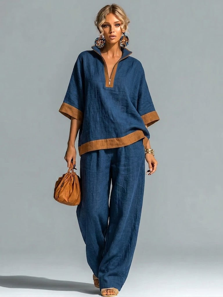 Casual Color-block Half-zip Linen And Cotton Top And Pants Two-piece Set