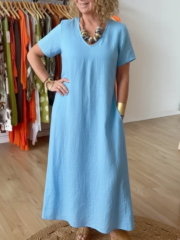 Elegant Diamond-neck Linen Midi Dress