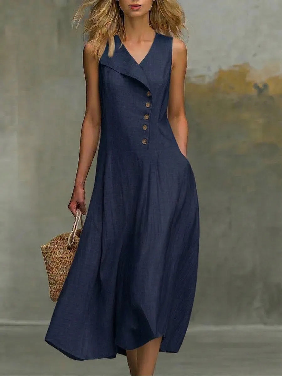 Women's Solid-color V-neck Sleeveless Casual Loose Cotton-linen Dress