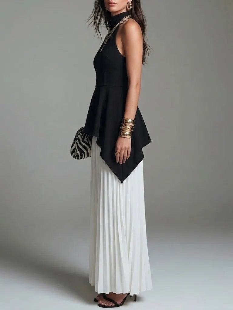 Women's Irregular Waist Ruffle Blouse With Chiffon Wide-leg Pants Set