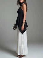 Women's Irregular Waist Ruffle Blouse With Chiffon Wide-leg Pants Set