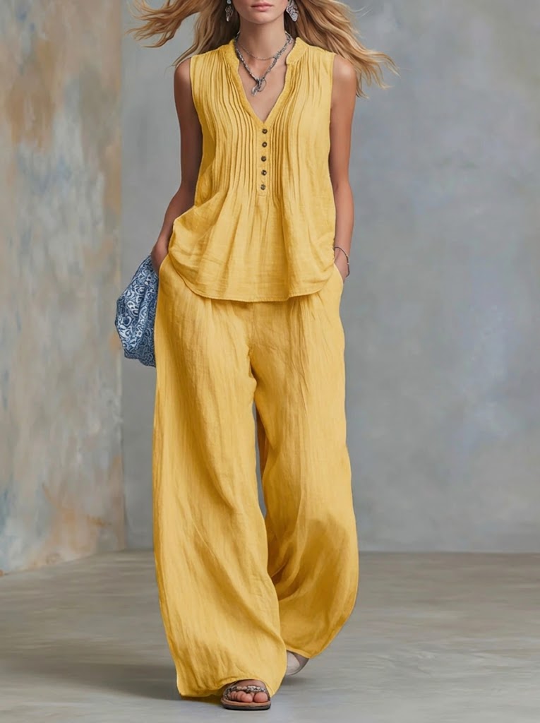 Casual Linen And Cotton Pleated Sleeveless Top And Pants Two-piece Set