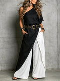 Womenâs Chic Off-shoulder Asymmetrical Short-sleeve Top And Wide-leg Pants Two-piece Set