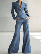 Women's Casual Denim Blazer And Wide-leg Pants Set