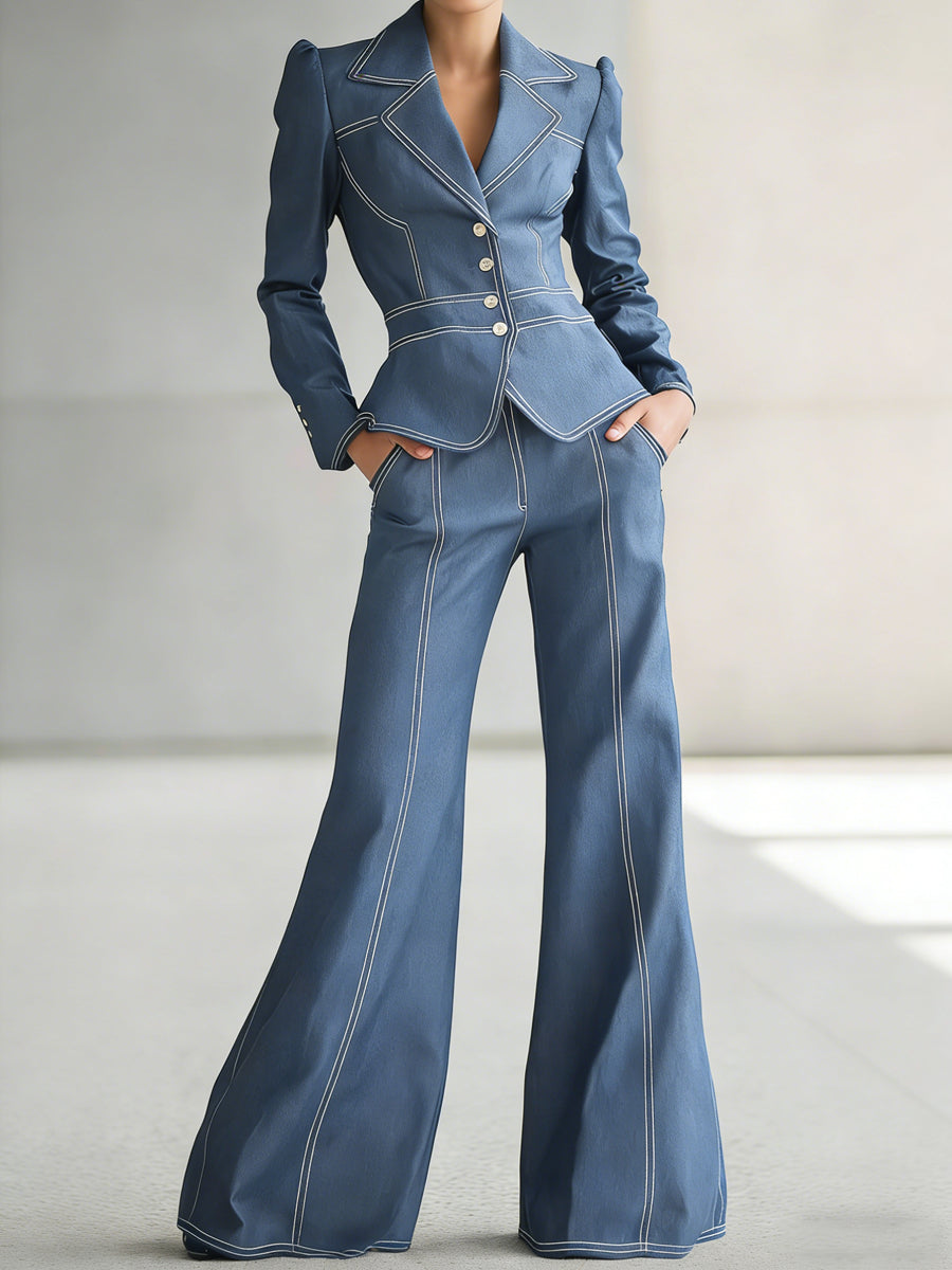 Women's Casual Denim Blazer And Wide-leg Pants Set