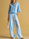 Women's Striped Print Cardigan Collar Three-quarter Sleeve Knitted Top And High-waisted Casual Loose Wide-leg Pants Knitted Set.