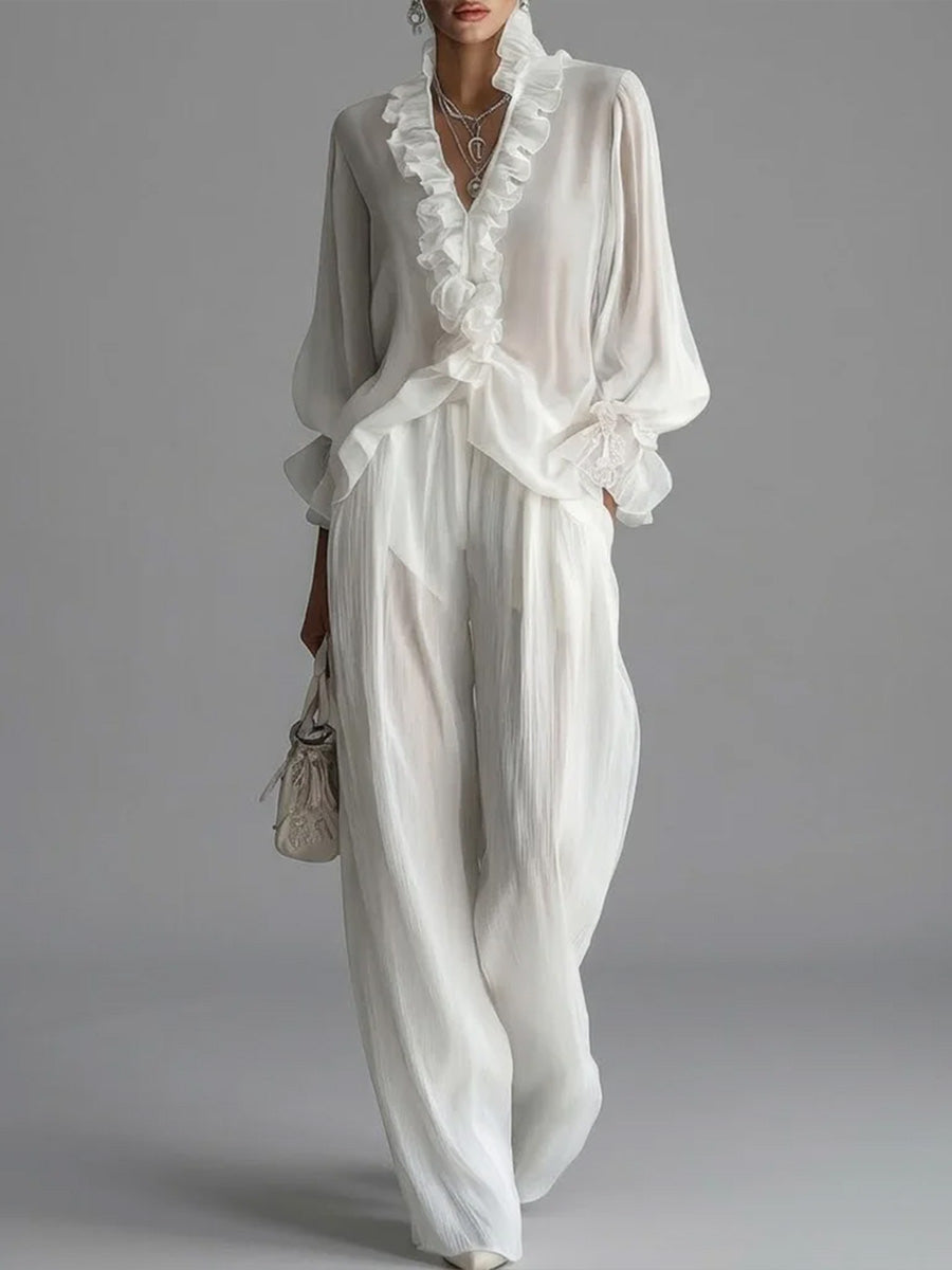 Women's Ruffled V-neck Long-sleeved Casual Loose Chiffon Top With Elastic Waist And Wide-leg Pants Set