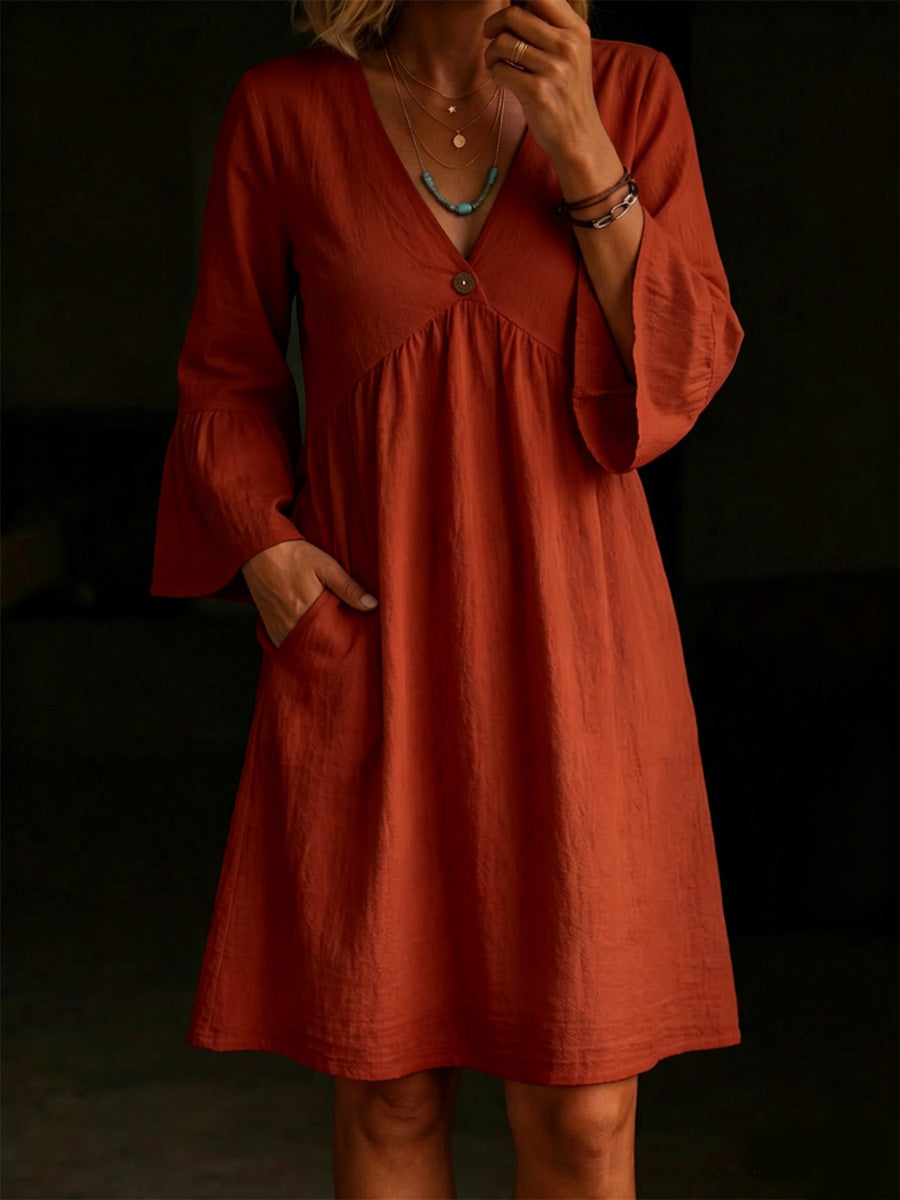 Women's V-neck Ruffle Sleeves Cotton Dress