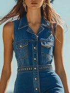 [24-hour shipping out]Western Vintage Blue Denim Sleeveless Shirt Tassel Rivet Mini Dress