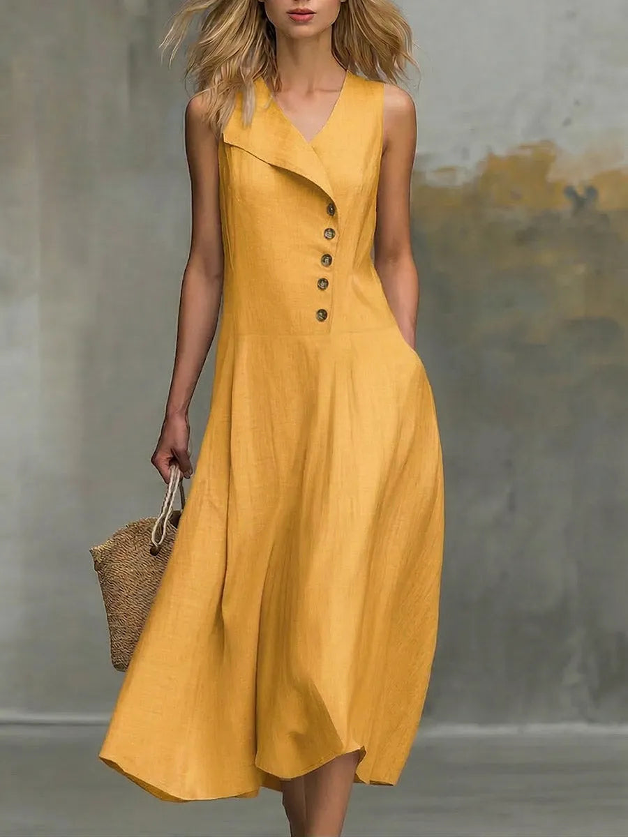 Women's Solid-color V-neck Sleeveless Casual Loose Cotton-linen Dress