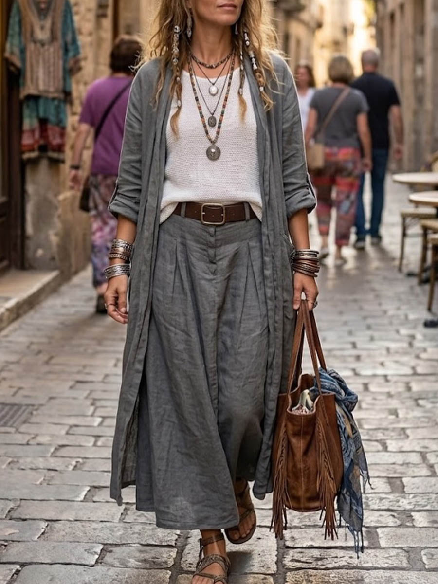 Women's Casual Cotton-linen Set: Loose-fit Long-sleeve Cardigan & High-waisted Wide-leg Pants