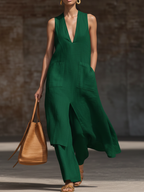 Stylish V-neck Long Shirt And Wide-leg Pant Linen Two-piece Set