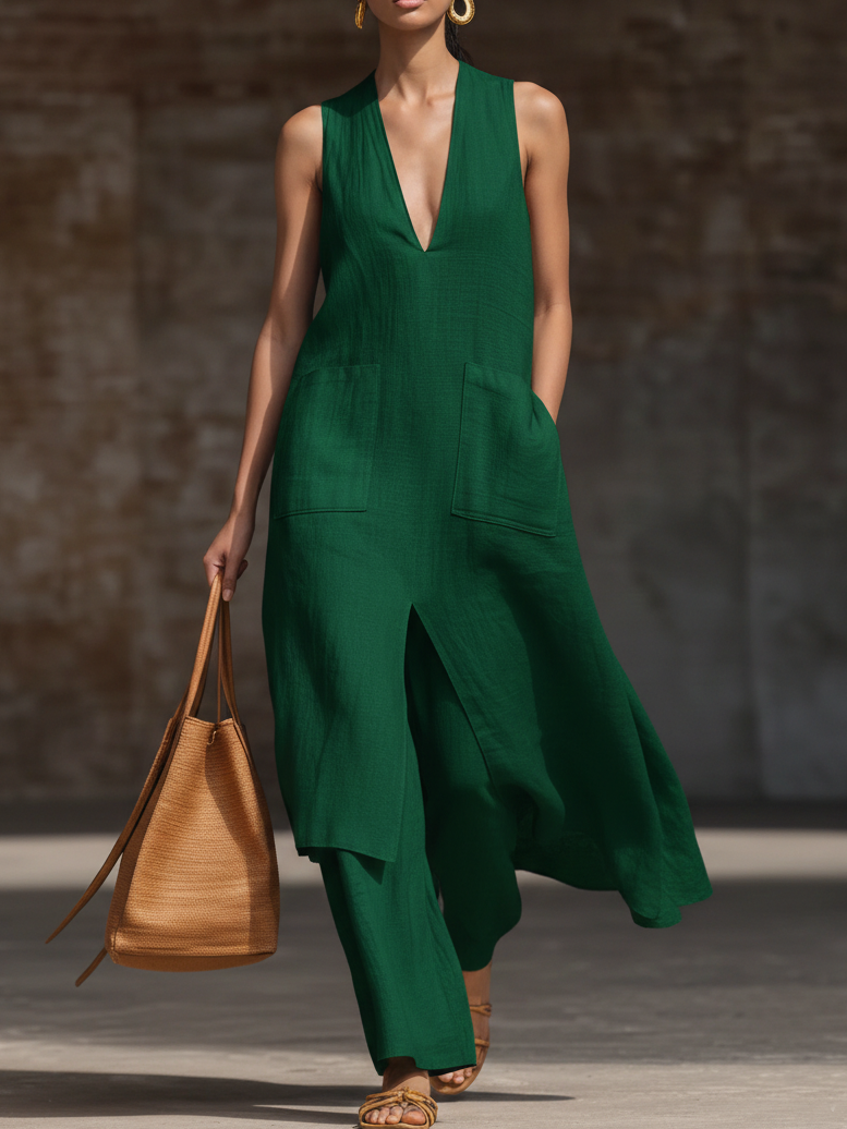 Stylish V-neck Long Shirt And Wide-leg Pant Linen Two-piece Set