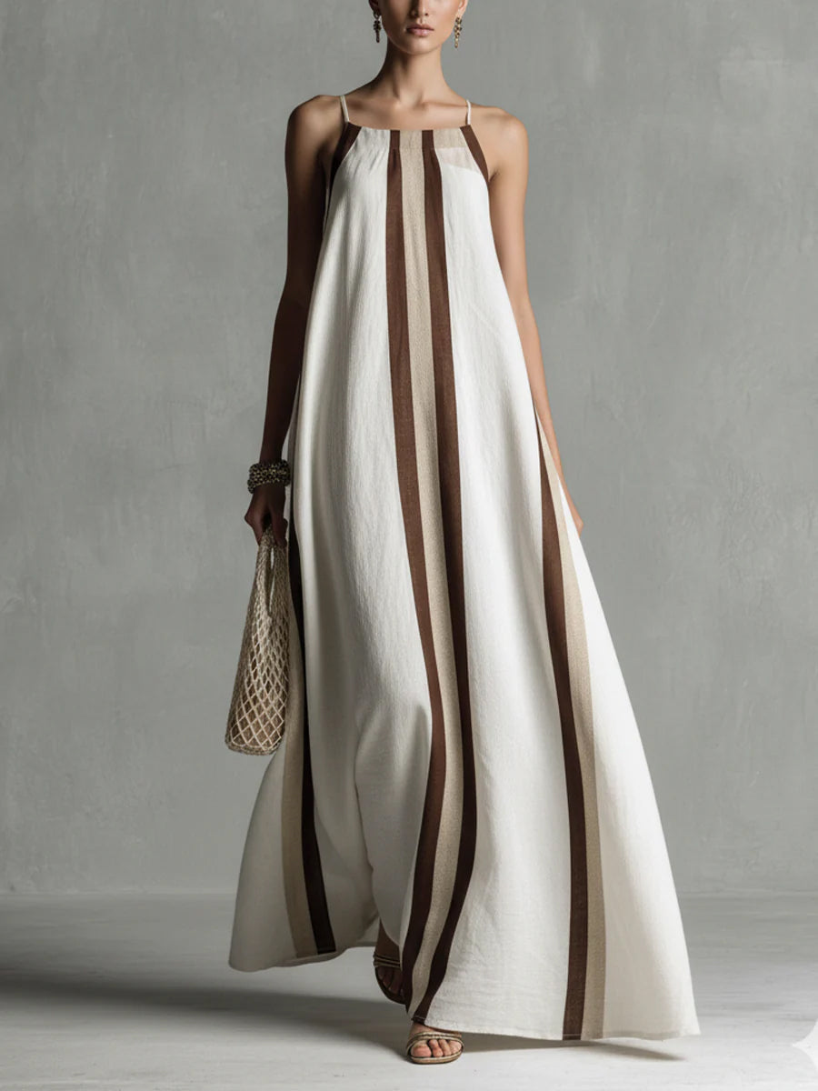 Casual Striped Linen And Cotton Maxi Sleeveless Dress
