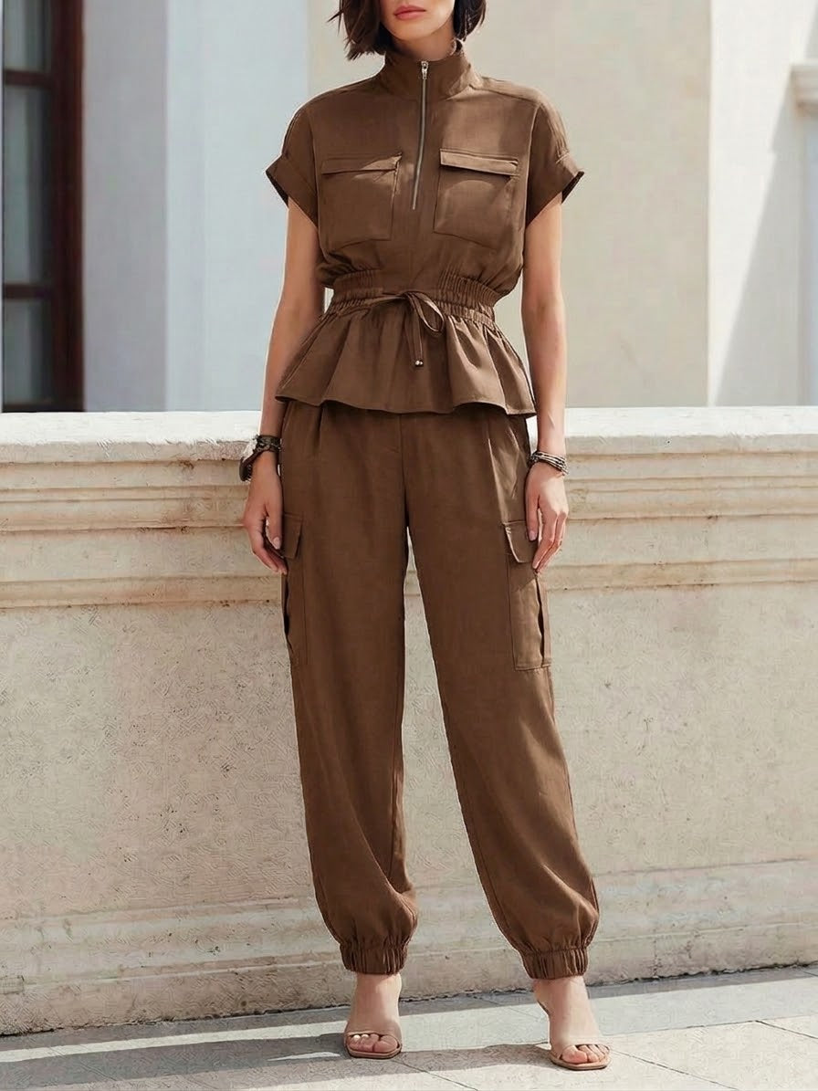 Casual Workwear Style Half-zip Top And Pants Two-piece Set