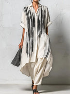 Loose-fit Casual Two-piece Set: Artistic Print Linen & Cotton Long Shirt And Trousers