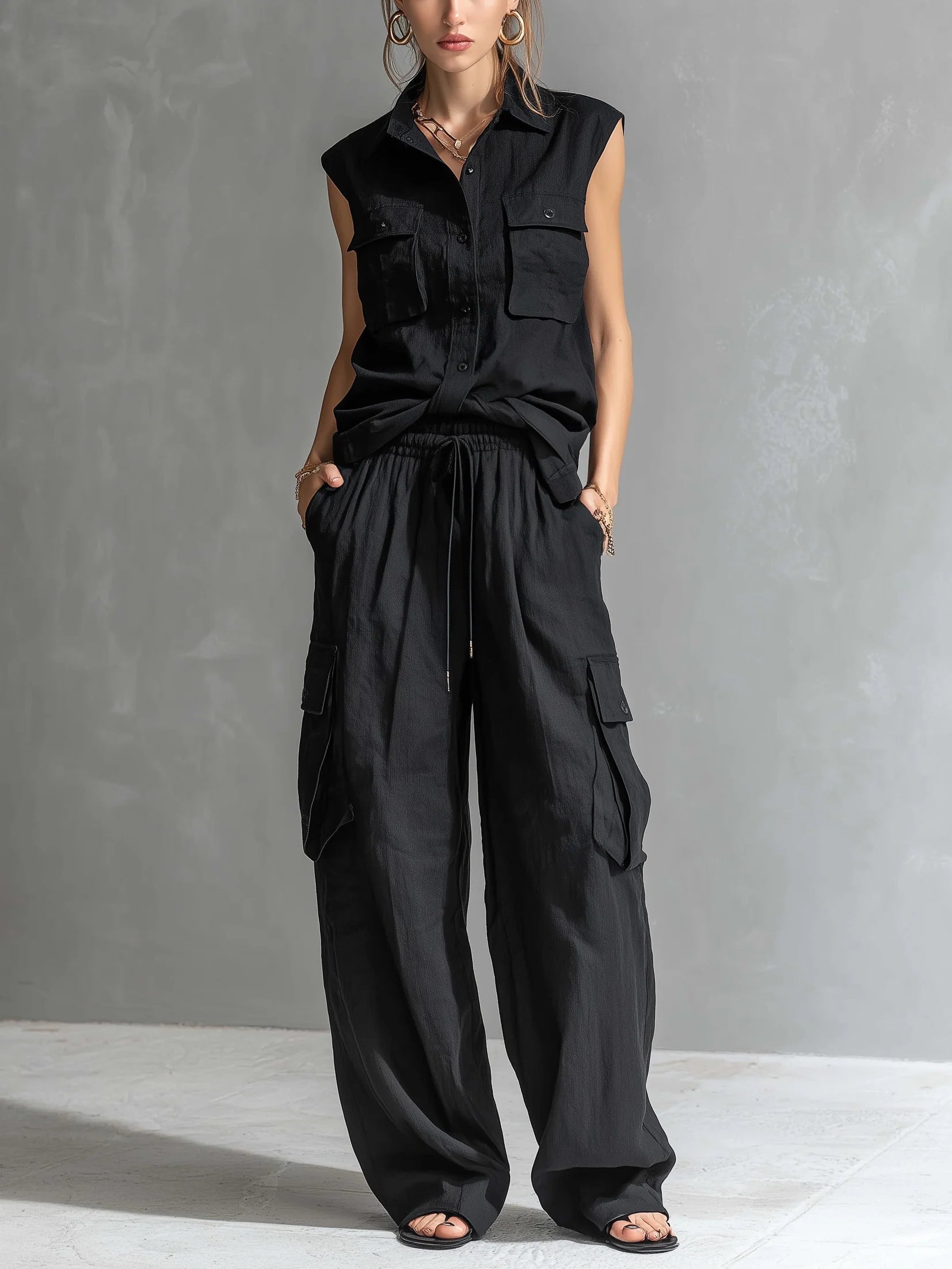 Women's Casual Cotton-linen Sleeveless Shirt And Pants Set