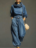 Women's Swing Collar Long-sleeved Casual Loose Denim Top And High-waisted Loose Wide-leg Denim Pants Set.