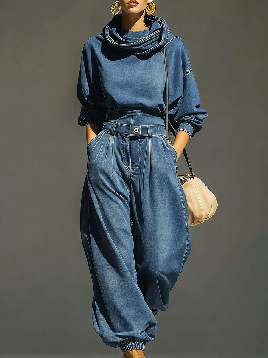 Women's Swing Collar Long-sleeved Casual Loose Denim Top And High-waisted Loose Wide-leg Denim Pants Set.
