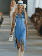 [24-hour shipping out]Vintage Blue Denim Zipper Pocket Slit Tassel Sleeveless Midi Dress