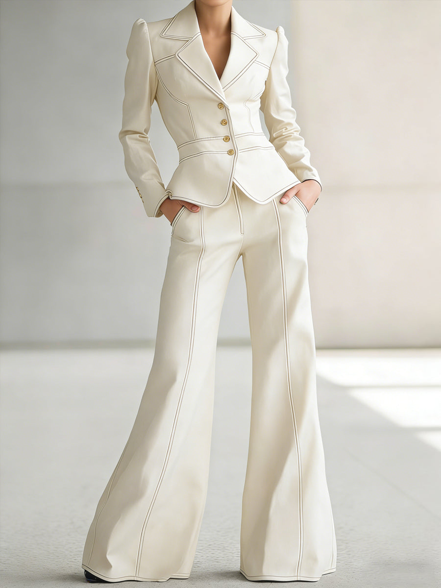 Women's Casual Denim Blazer And Wide-leg Pants Set
