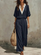 Women's Simple V-neck Cotton And Linen Set