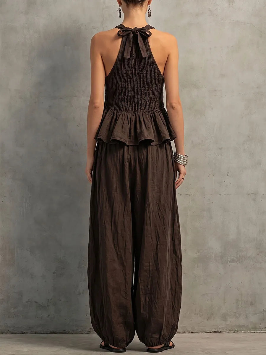 Women's Solid-color Cotton-linen Set: Round-neck Sleeveless Loose-fit Top & High-waisted Wide-leg Pants