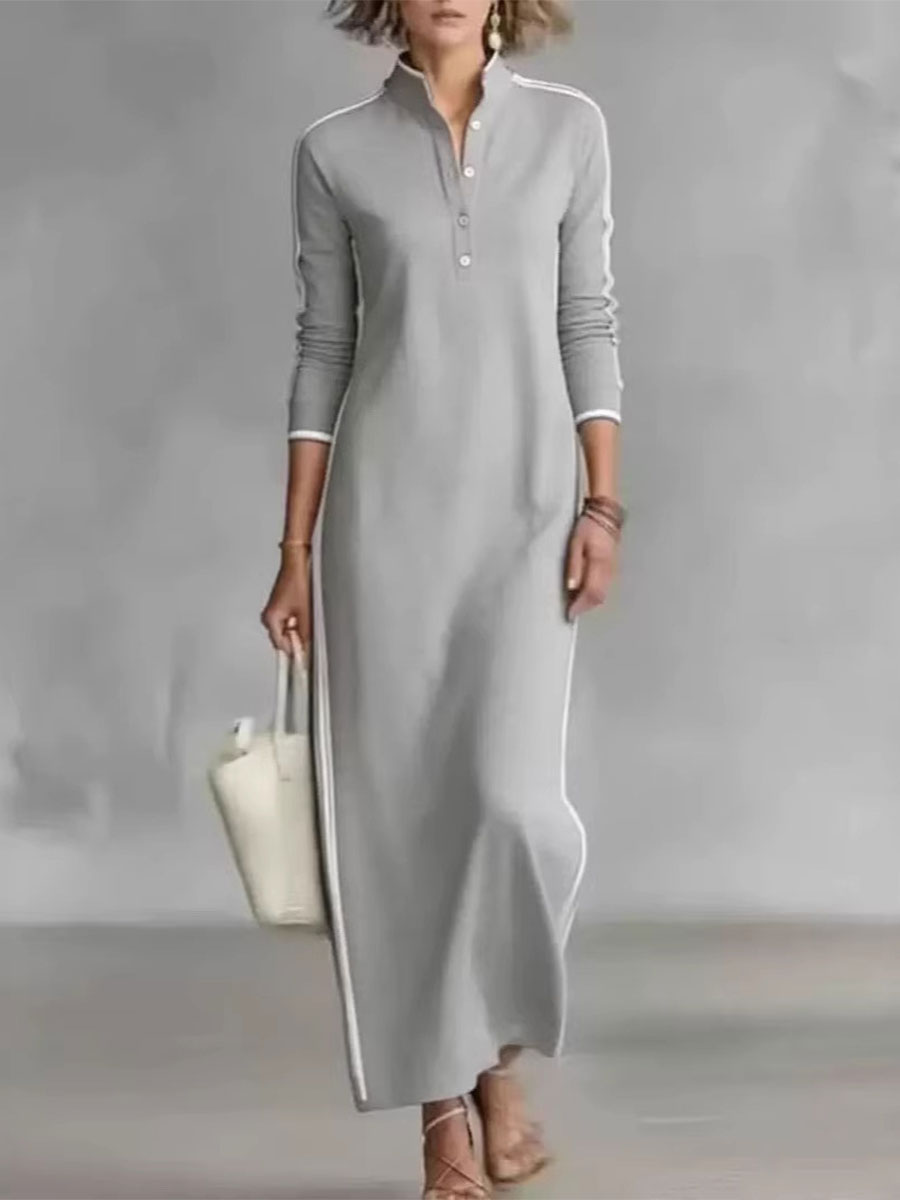 Women's Cotton Linen Stand Collar Long-sleeved Dress