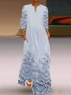 Cottage Floral Embroidered Lace Hem Flowy Maxi Dress