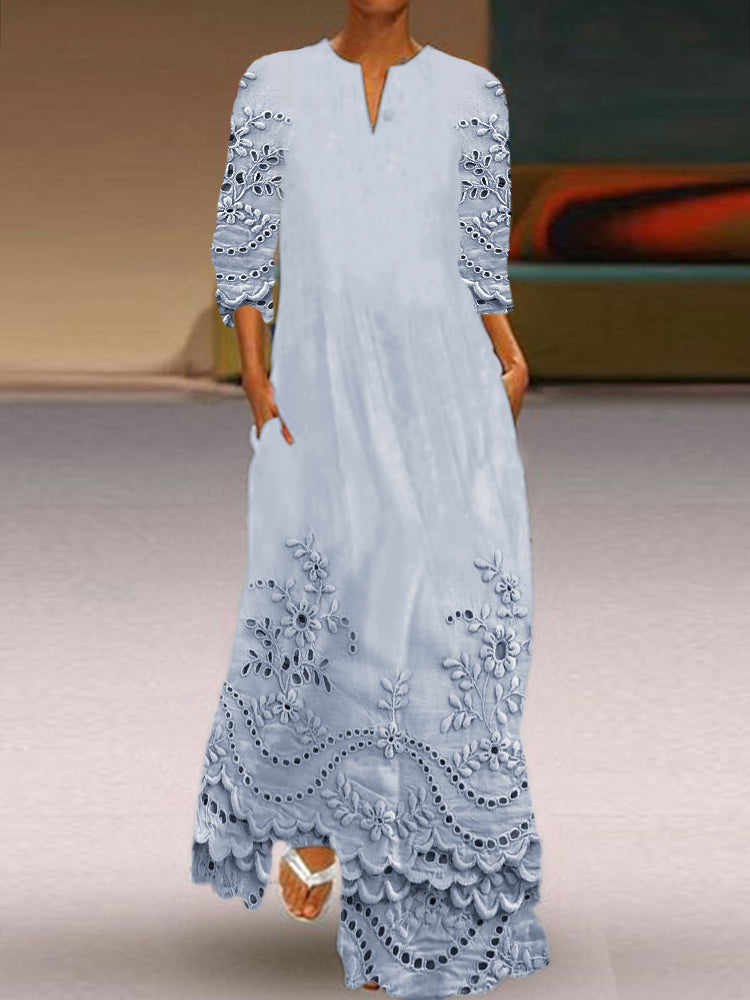 Cottage Floral Embroidered Lace Hem Flowy Maxi Dress