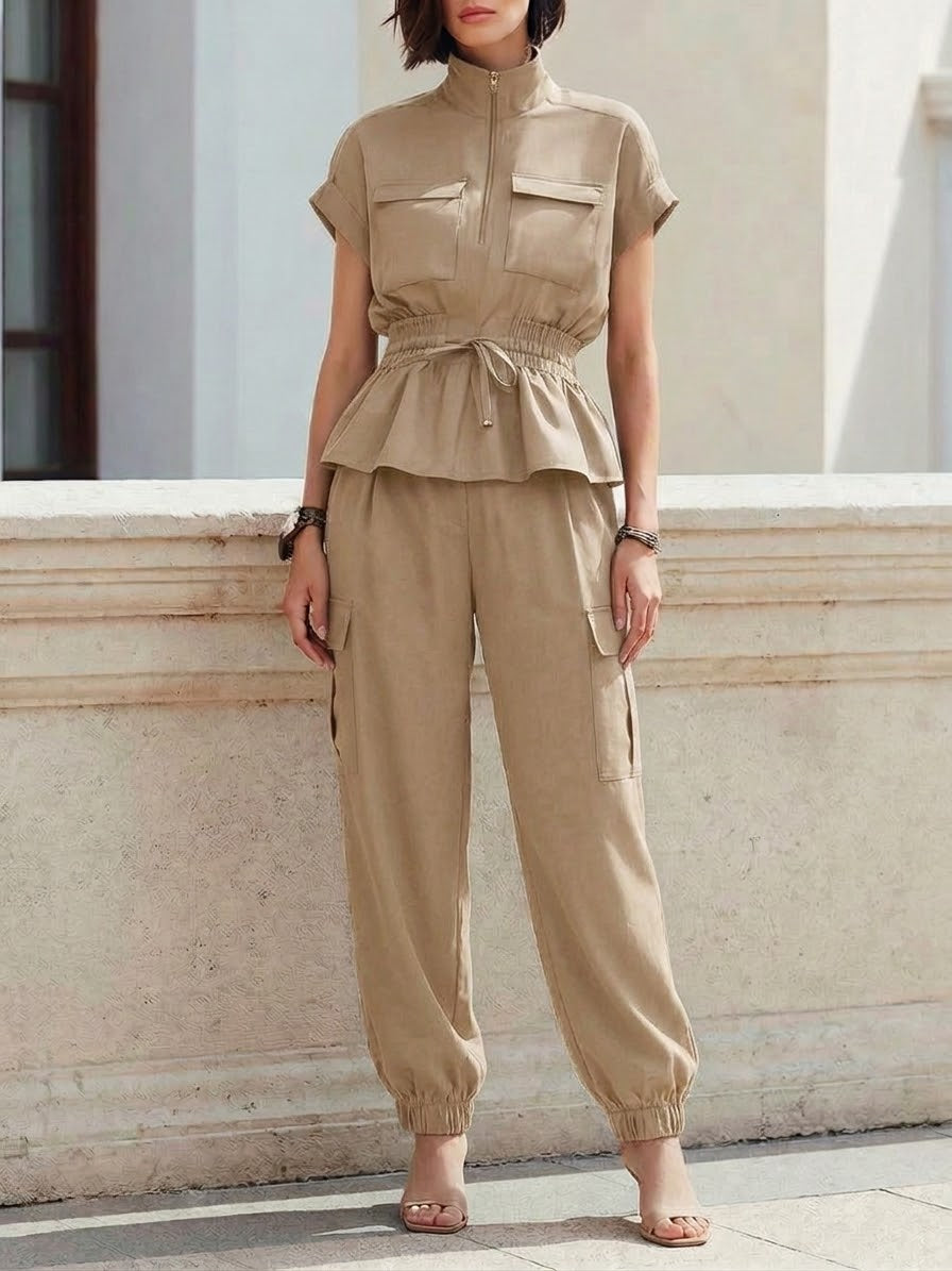 Casual Workwear Style Half-zip Top And Pants Two-piece Set