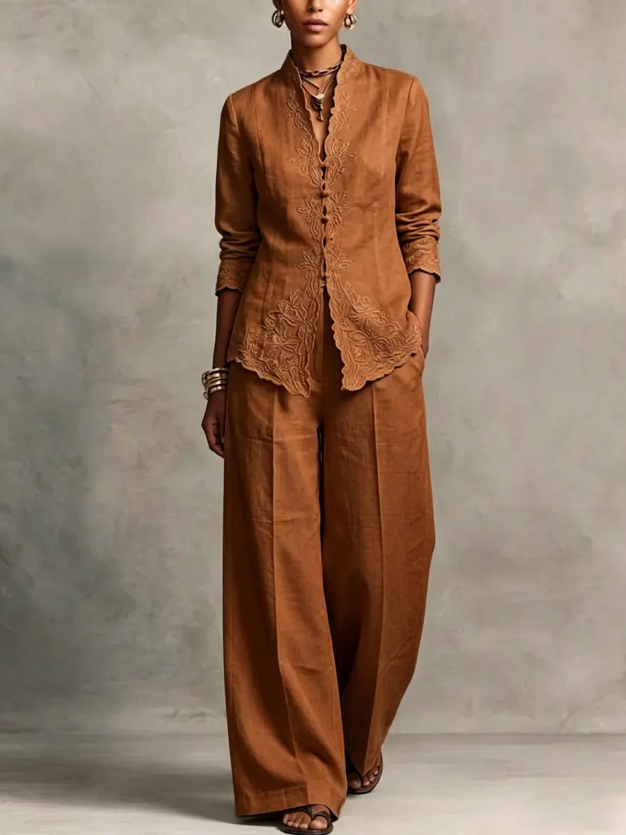 Women's Elegant Style Linen Embroidered Set