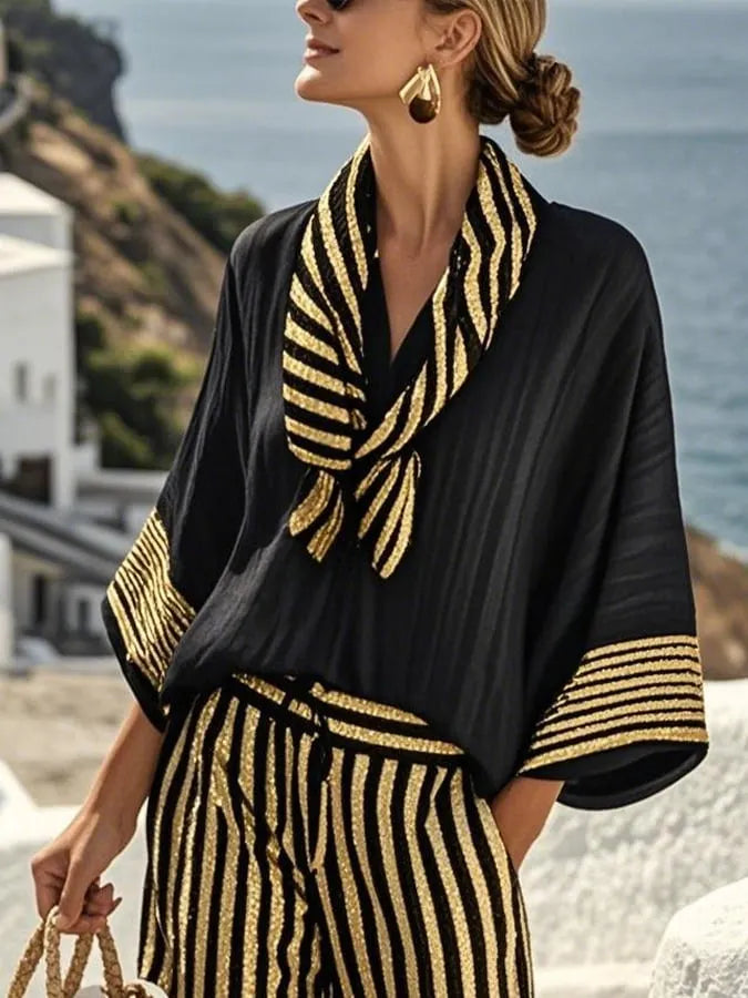 Women'S Casual Cotton And Linen Holiday Striped Print Loose Top Shorts Scarf Set