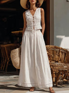 French-style Patchwork Lace-trimmed Cotton Top And Skirt Two-piece Set