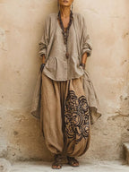 Casual Bohemian-style 3-piece Set: Linen & Cotton Cardigan, Sleeveless Top, And Pants