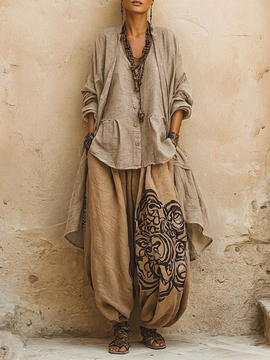 Casual Bohemian-style 3-piece Set: Linen & Cotton Cardigan, Sleeveless Top, And Pants