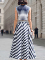 Women's Striped Print Crew Neck Sleeveless Loose-fit Cotton-linen Top & High-waisted A-line Skirt Two-piece Set