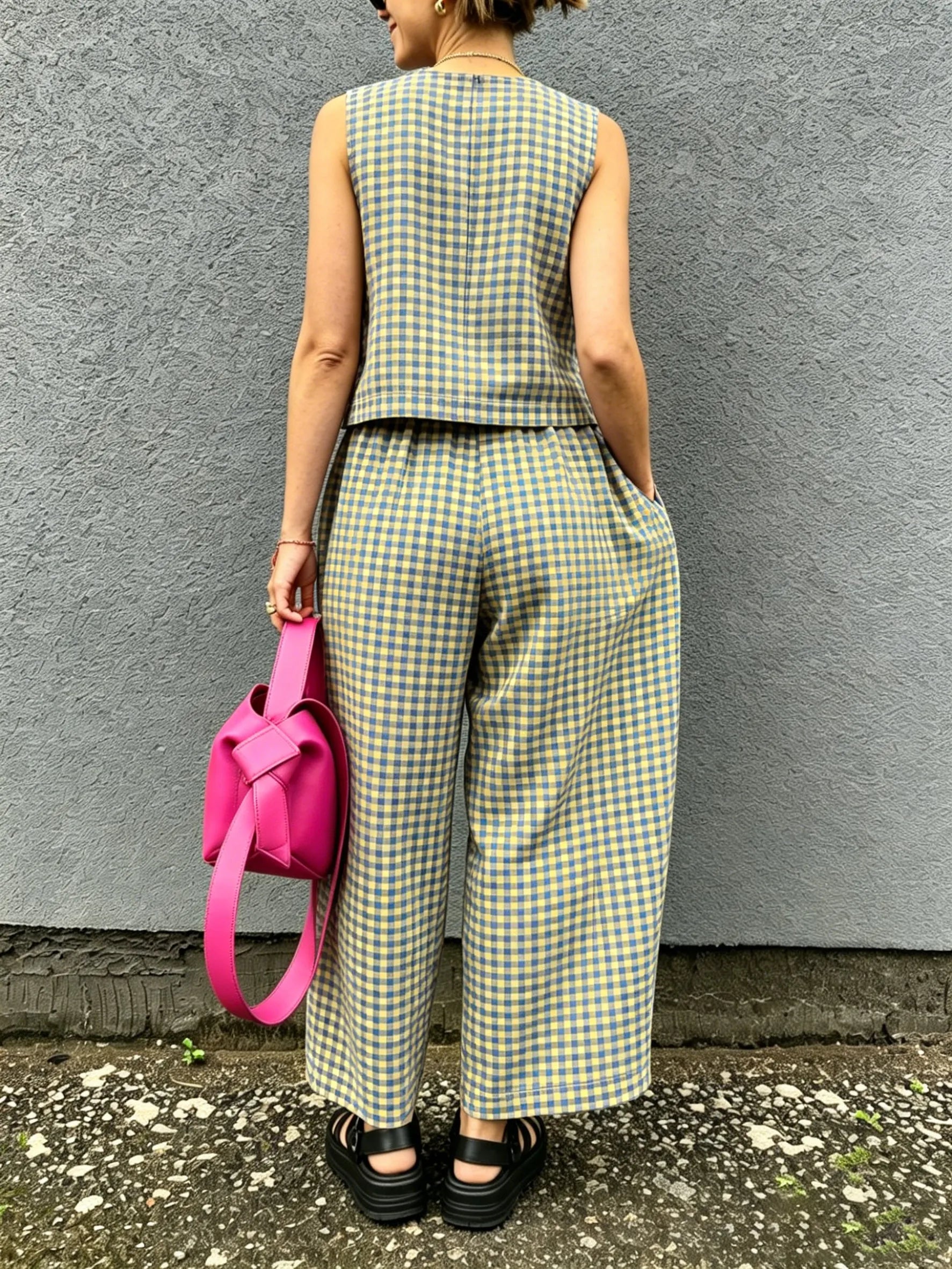 Retro Plaid Sleeveless Top& Wide-leg Pants Two-piece Set