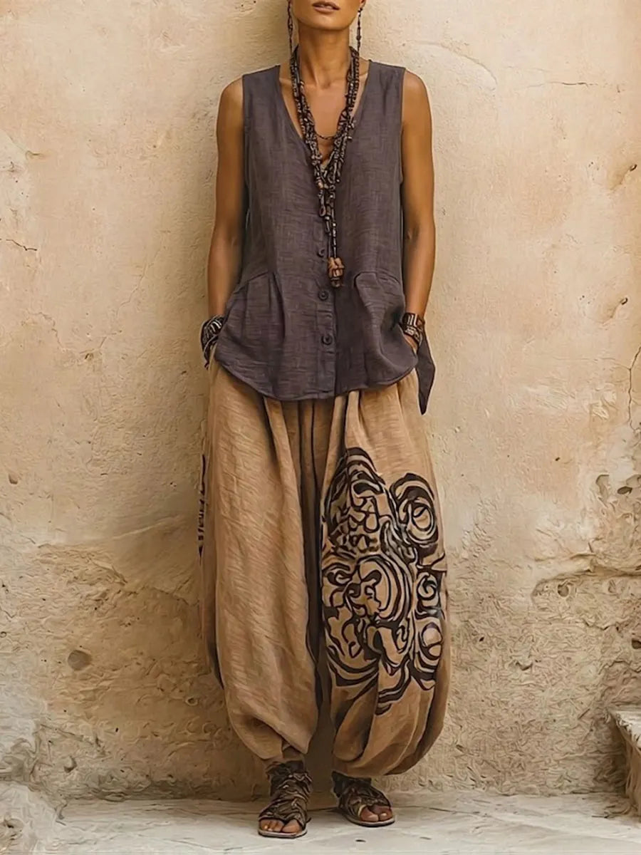 Casual Bohemian-style 3-piece Set: Linen & Cotton Cardigan, Sleeveless Top, And Pants