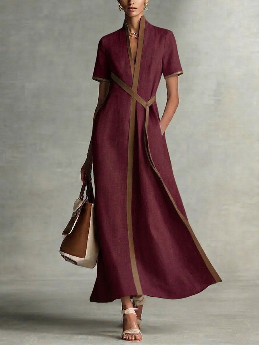 Women's V-neck Short-sleeve Casual Loose Cotton-linen Dress