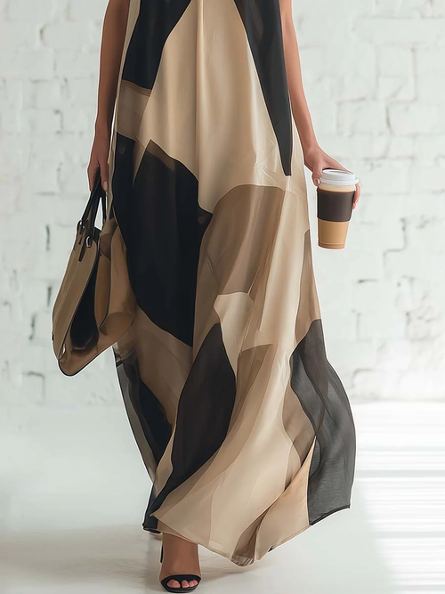 Artistic Color-blocked Vacation Halter Neck Maxi Dress