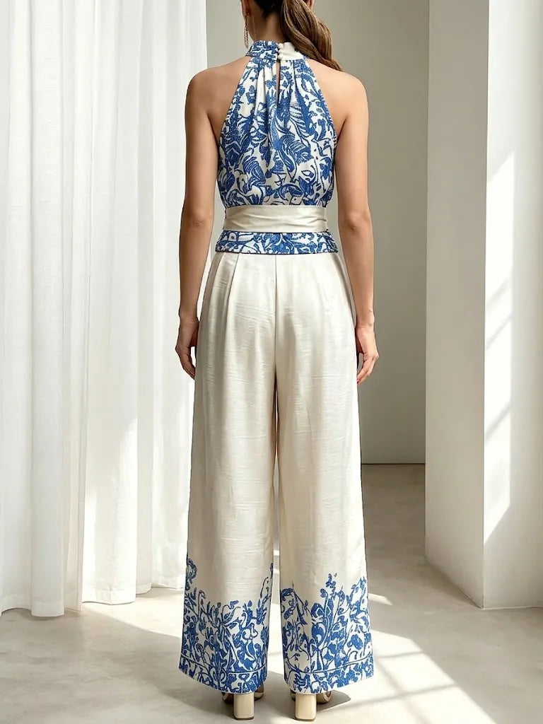 Stylish And Elegant Printed Linen And Cotton Two-piece Top And Pants Set