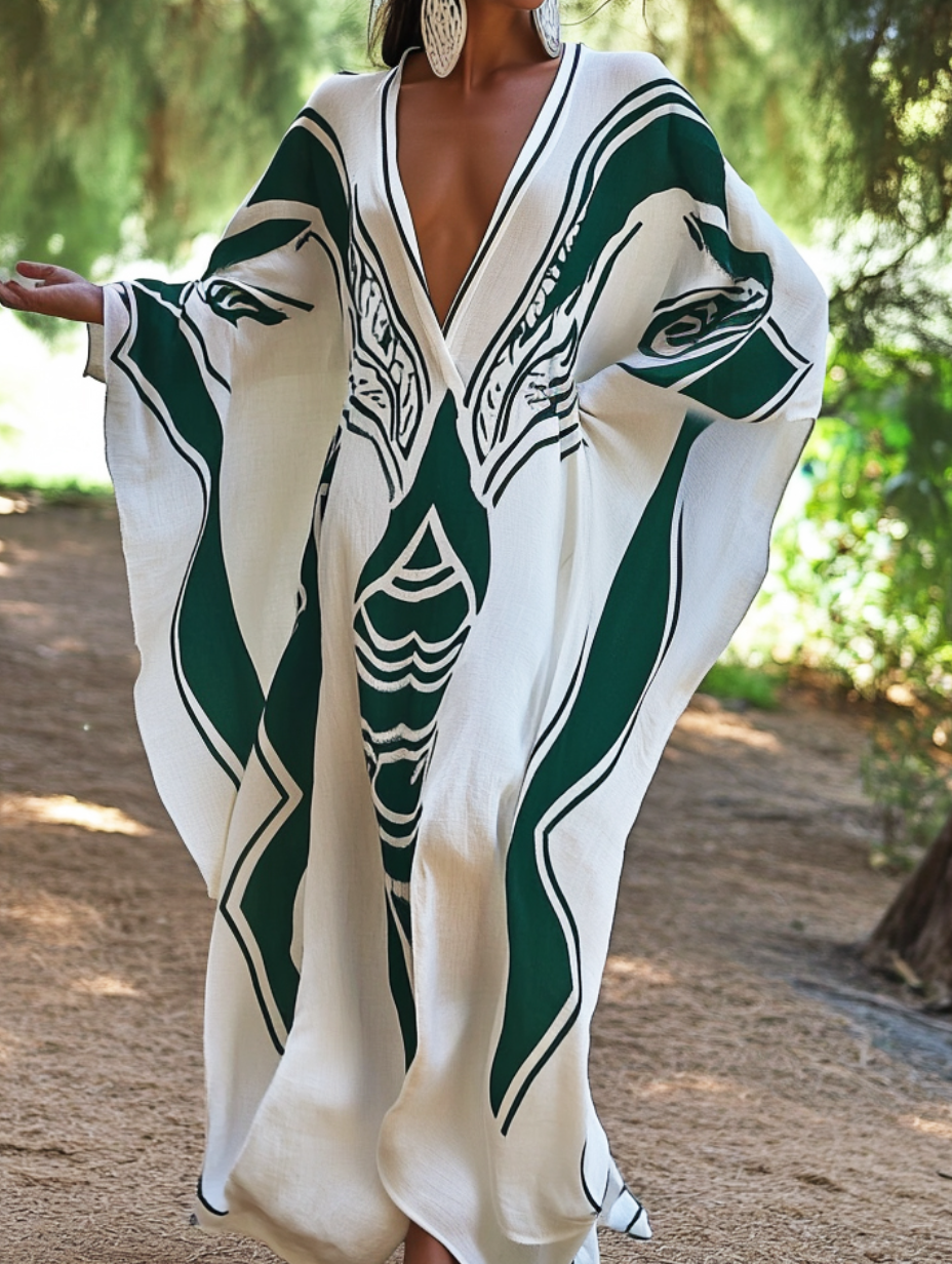 Women's Green Paintbrush Symphony Linen V-Neck Long Maxi Dress Gown